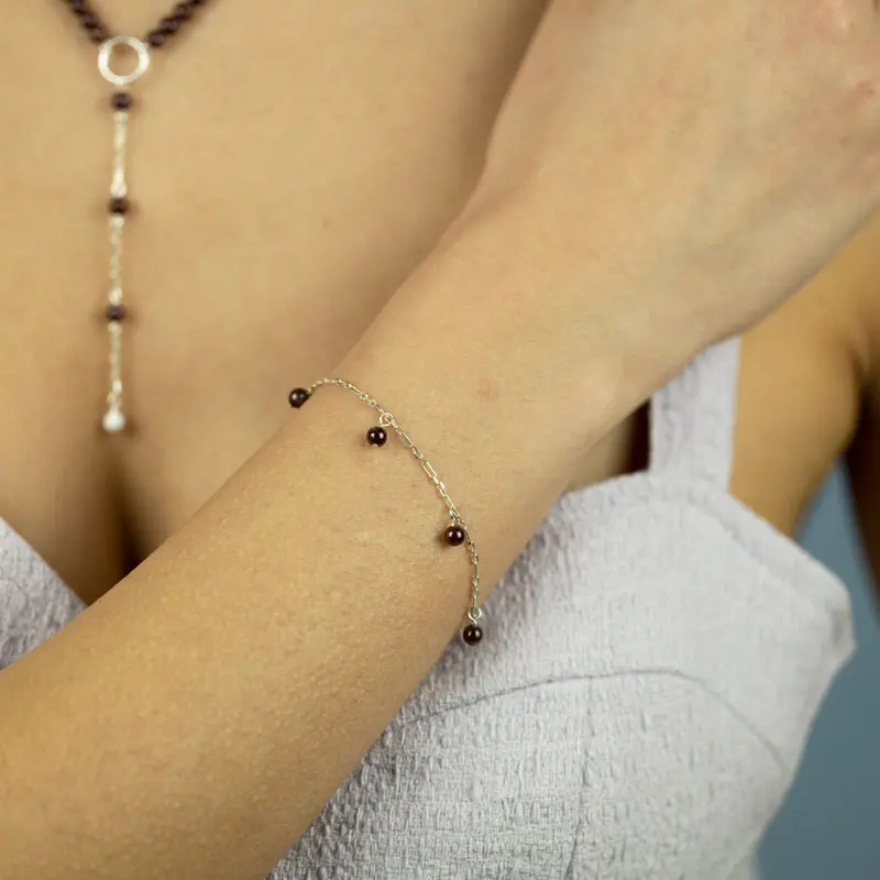 Dark Red Round Garnet Dangle Bracelet With Sterling Silver 2
